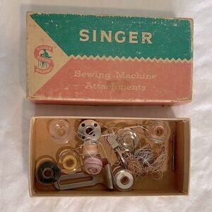 Vintage Singer Sewing Machine Attachments Box with Bobbins & Parts – 1950s